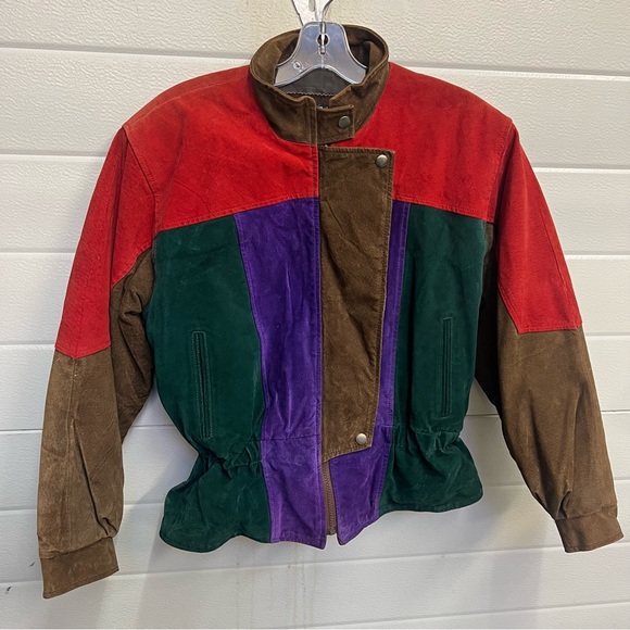 VINTAGE LEATHER SUEDE MULTI COLOR BOMBER JACKET 80S - Picture 7 of 12
